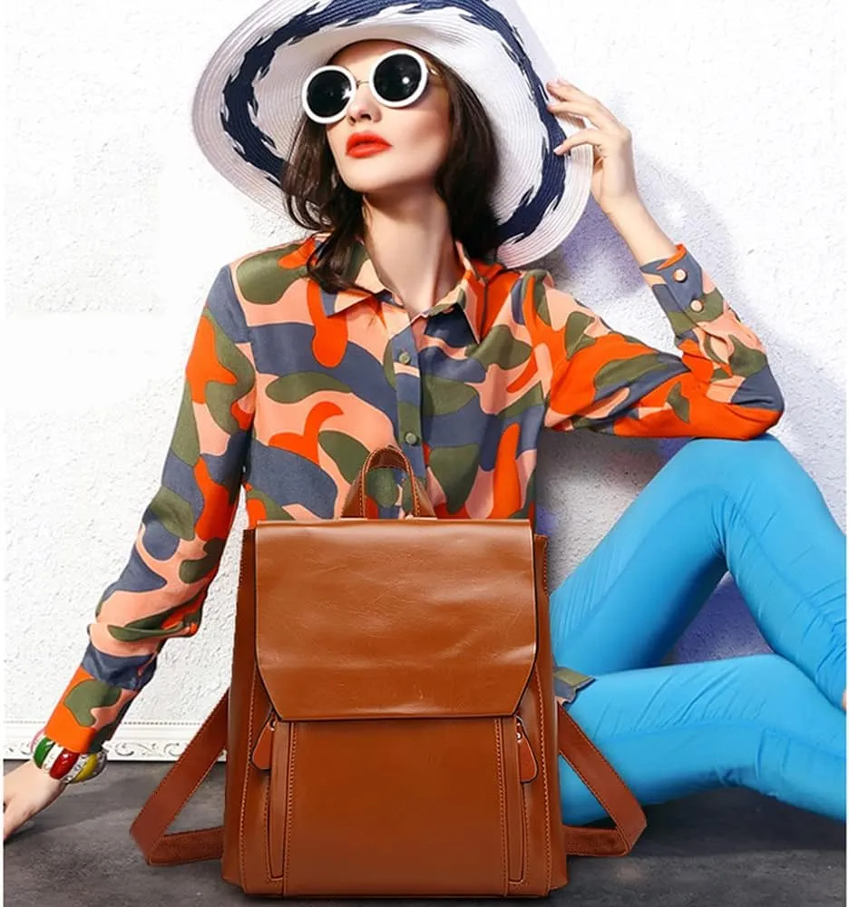 Dayfine Vintage Backpacks for Women Oil Wax Leather Backpack Purse Satchel Bag Knapsack Shoulder Bag Men Casual College Bags-Brown