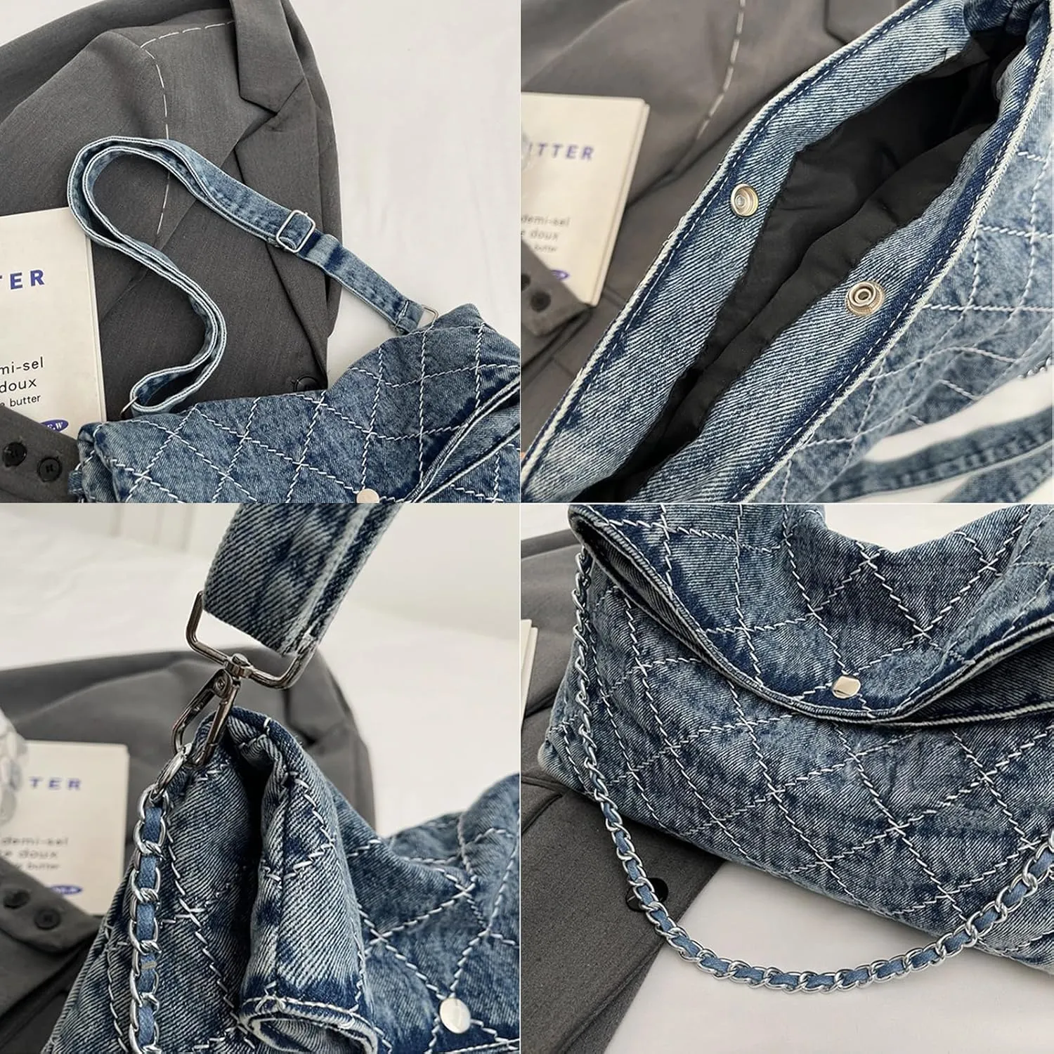 Denim Purse Women Chain Boho Jean Tote Bag Shoulder Quilted Bag Vintage Handbag Casual Crossbody Purse