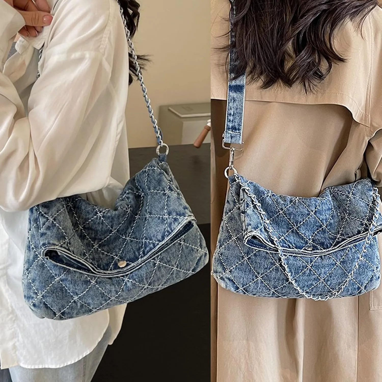 Denim Purse Women Chain Boho Jean Tote Bag Shoulder Quilted Bag Vintage Handbag Casual Crossbody Purse