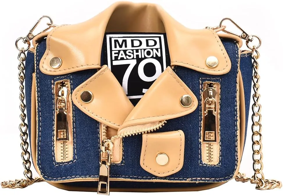 Denim Women Motorcycle Shoulder Crossbody Bags Chain Jacket Bags Messenger Bag Leather Handbags for Girls Purse
