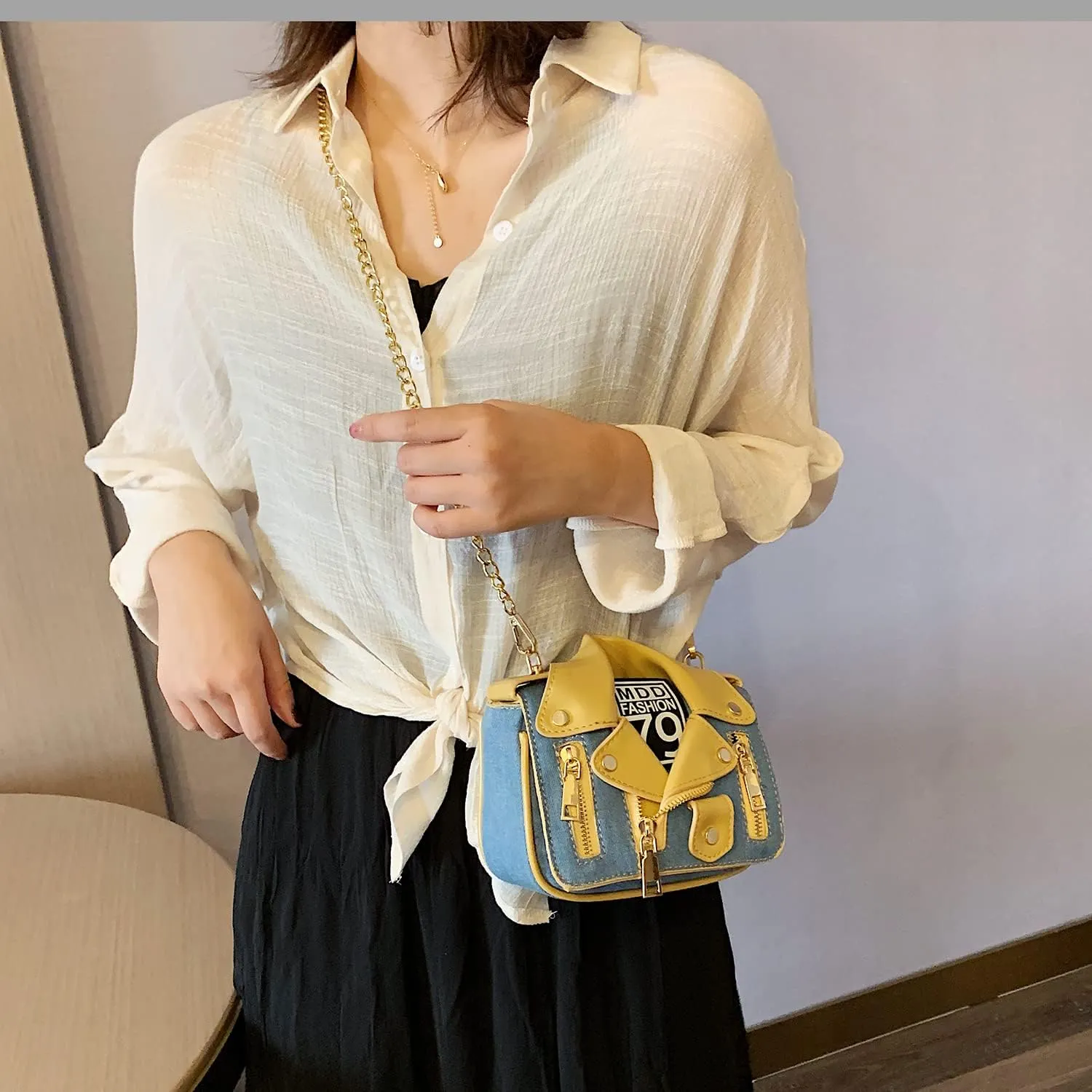 Denim Women Motorcycle Shoulder Crossbody Bags Chain Jacket Bags Messenger Bag Leather Handbags for Girls Purse