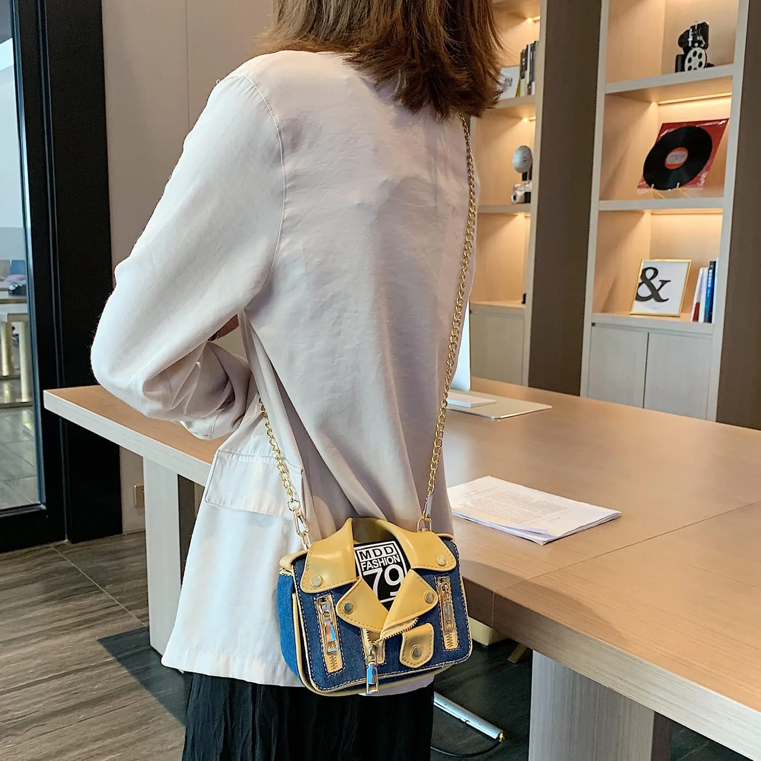 Denim Women Motorcycle Shoulder Crossbody Bags Chain Jacket Bags Messenger Bag Leather Handbags for Girls Purse