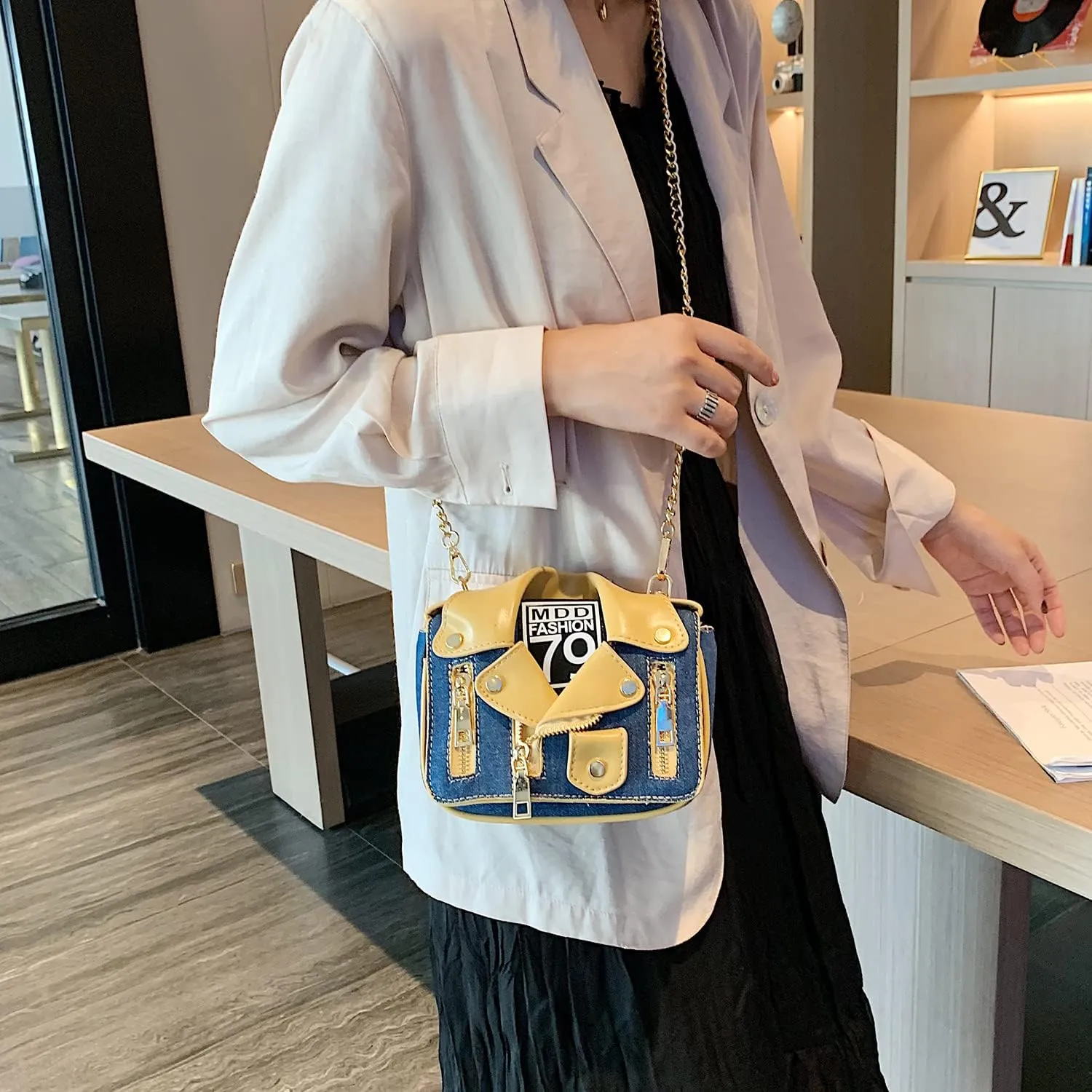 Denim Women Motorcycle Shoulder Crossbody Bags Chain Jacket Bags Messenger Bag Leather Handbags for Girls Purse