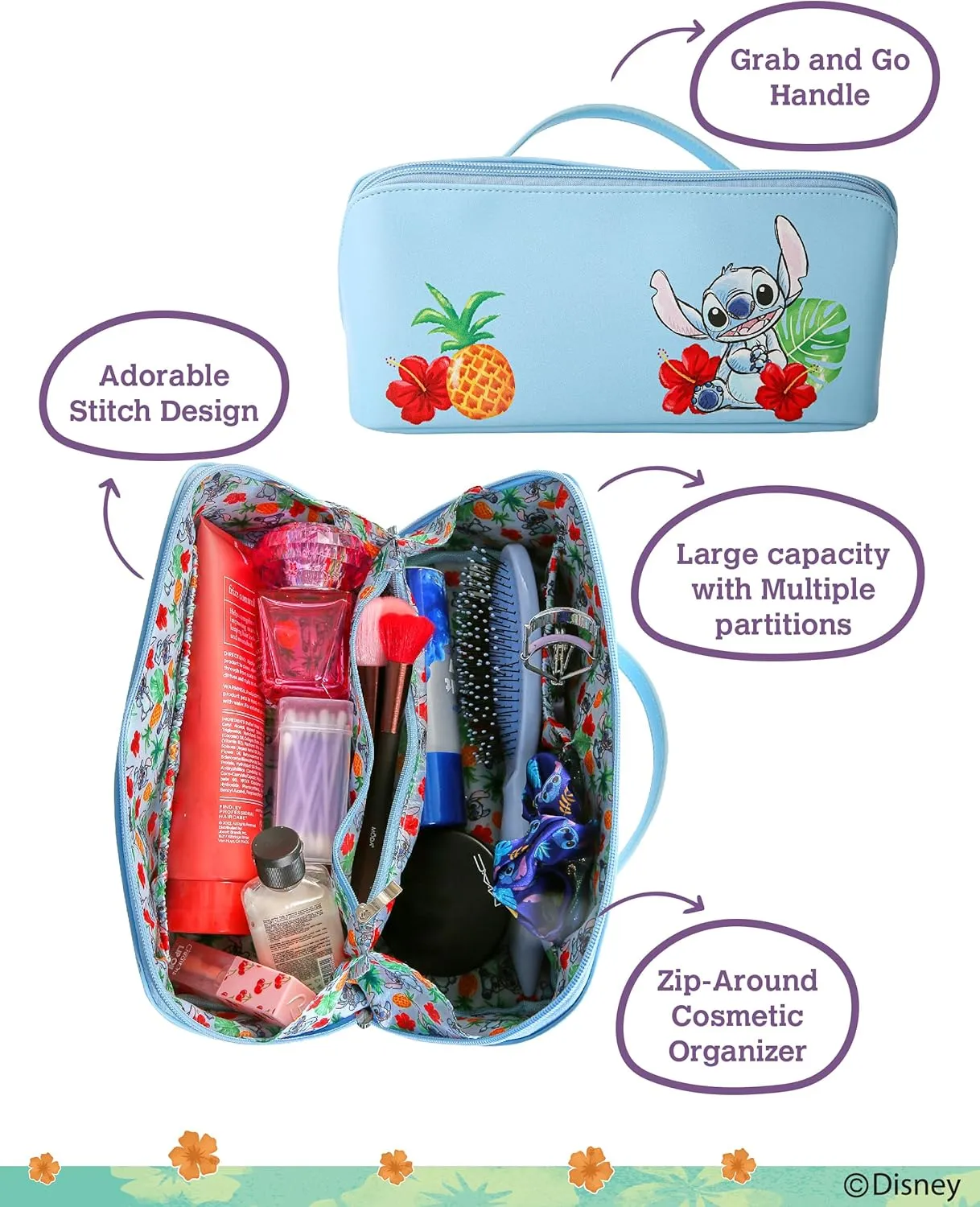 Disney Stitch Makeup Bag Zip Closure Official License, Makeup Bag for Travel