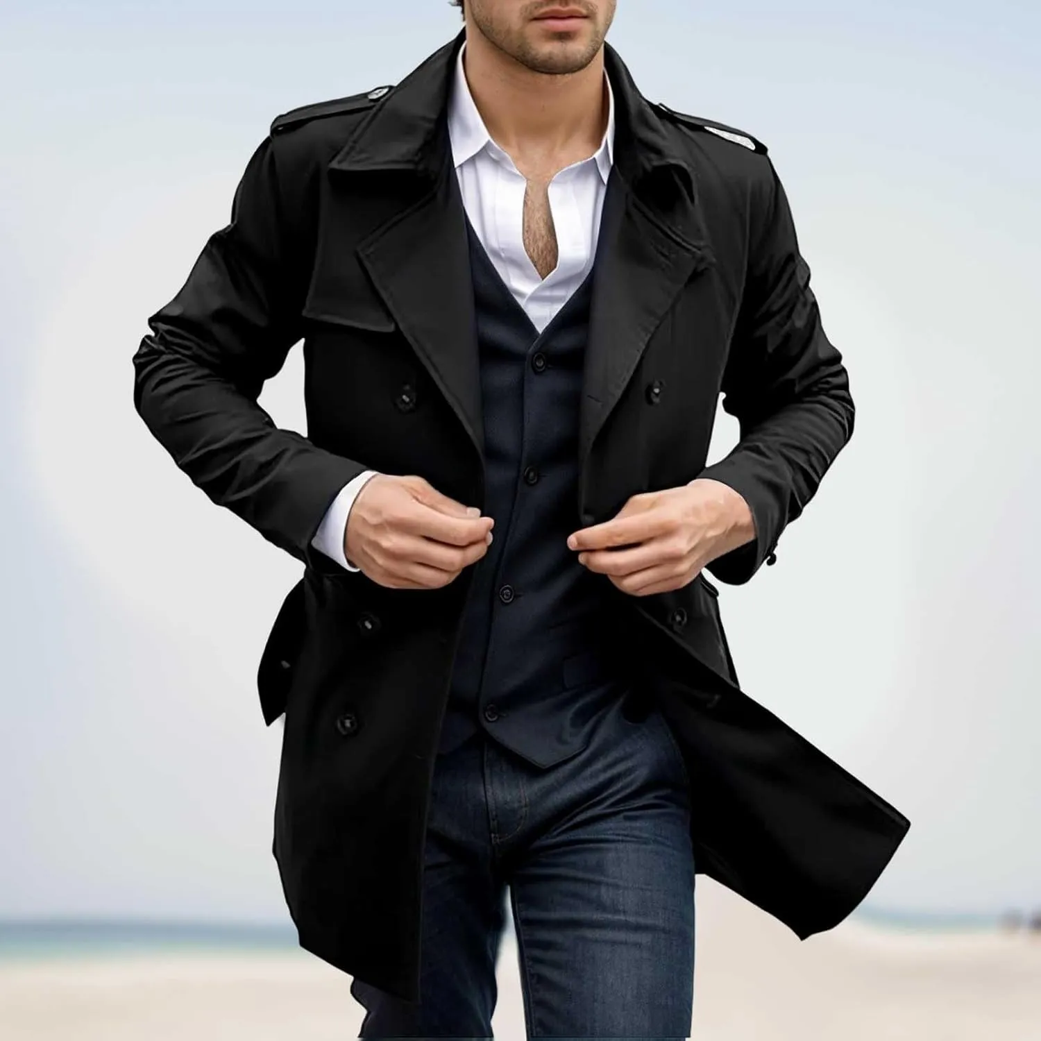 Double Breasted Trench Coat for Men Classic Slim Fit Long Jacket Stylish Outerwear for Business and Casual Winter