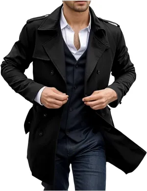 Double Breasted Trench Coat for Men Classic Slim Fit Long Jacket Stylish Outerwear for Business and Casual Winter