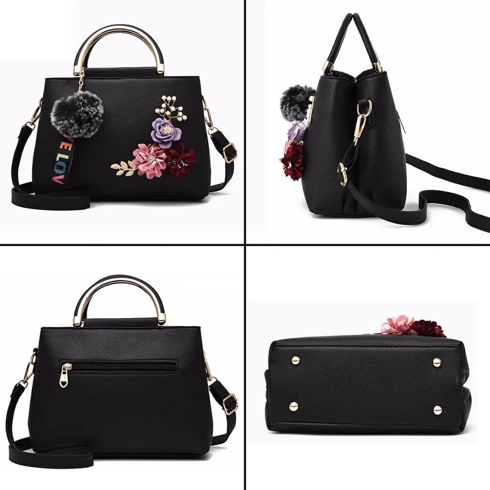 Downupdown 3D Floral Satchel Bag Womens Handbags Faux Leather Medium Tote Bags Top Handle Handbag Crossbody Bag Shoulder Bag