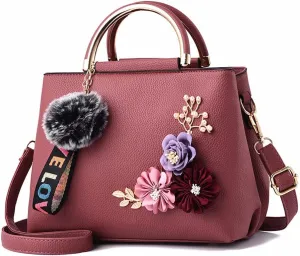 Downupdown 3D Floral Satchel Bag Womens Handbags Faux Leather Medium Tote Bags Top Handle Handbag Crossbody Bag Shoulder Bag