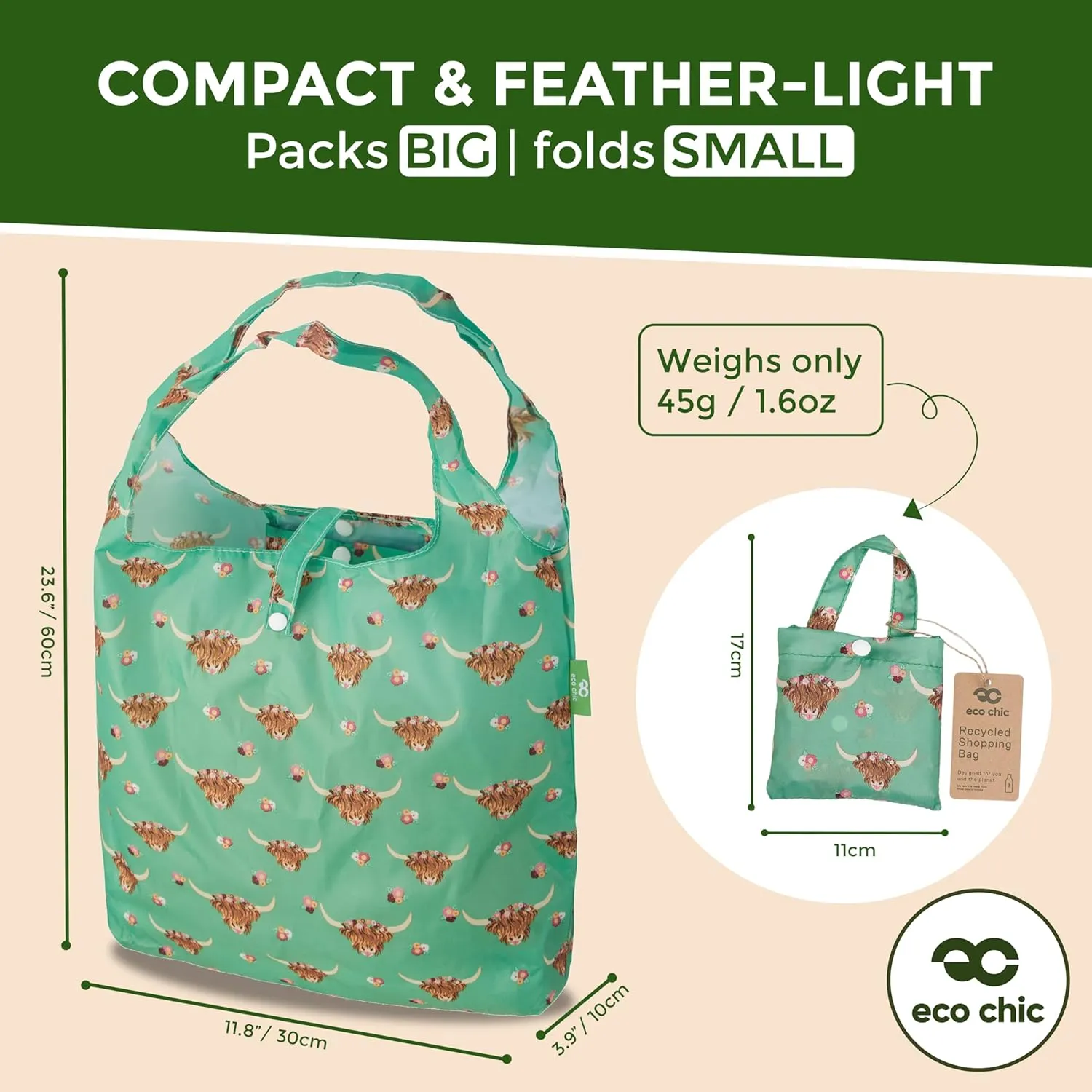 ECO CHIC Foldable Reusable Grocery Bags - Lightweight, Recycled & Reusable Shopping Bag - Waterproof Packable Tote