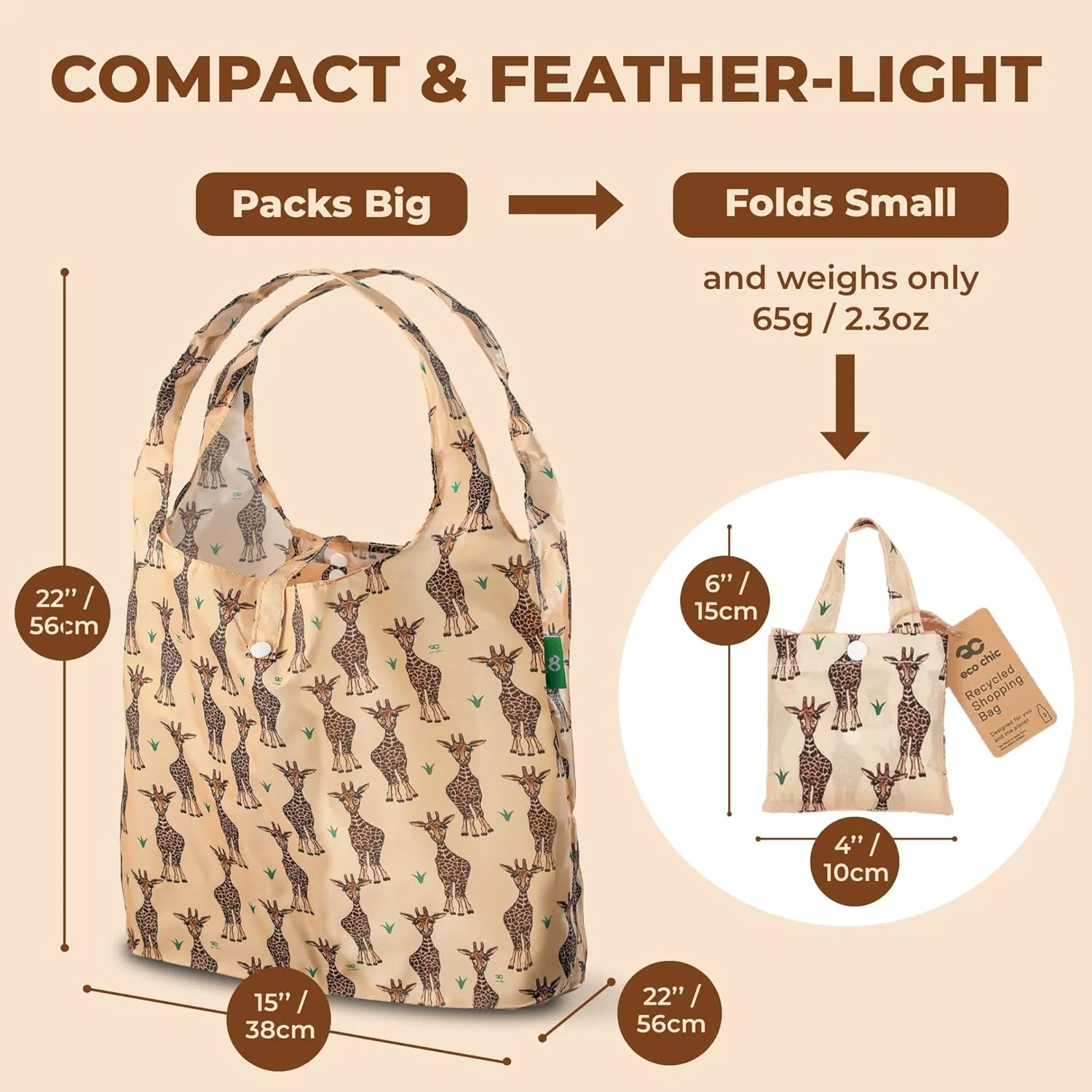 ECO CHIC Foldable Reusable Grocery Bags - Lightweight, Recycled & Reusable Shopping Bag - Waterproof Packable Tote