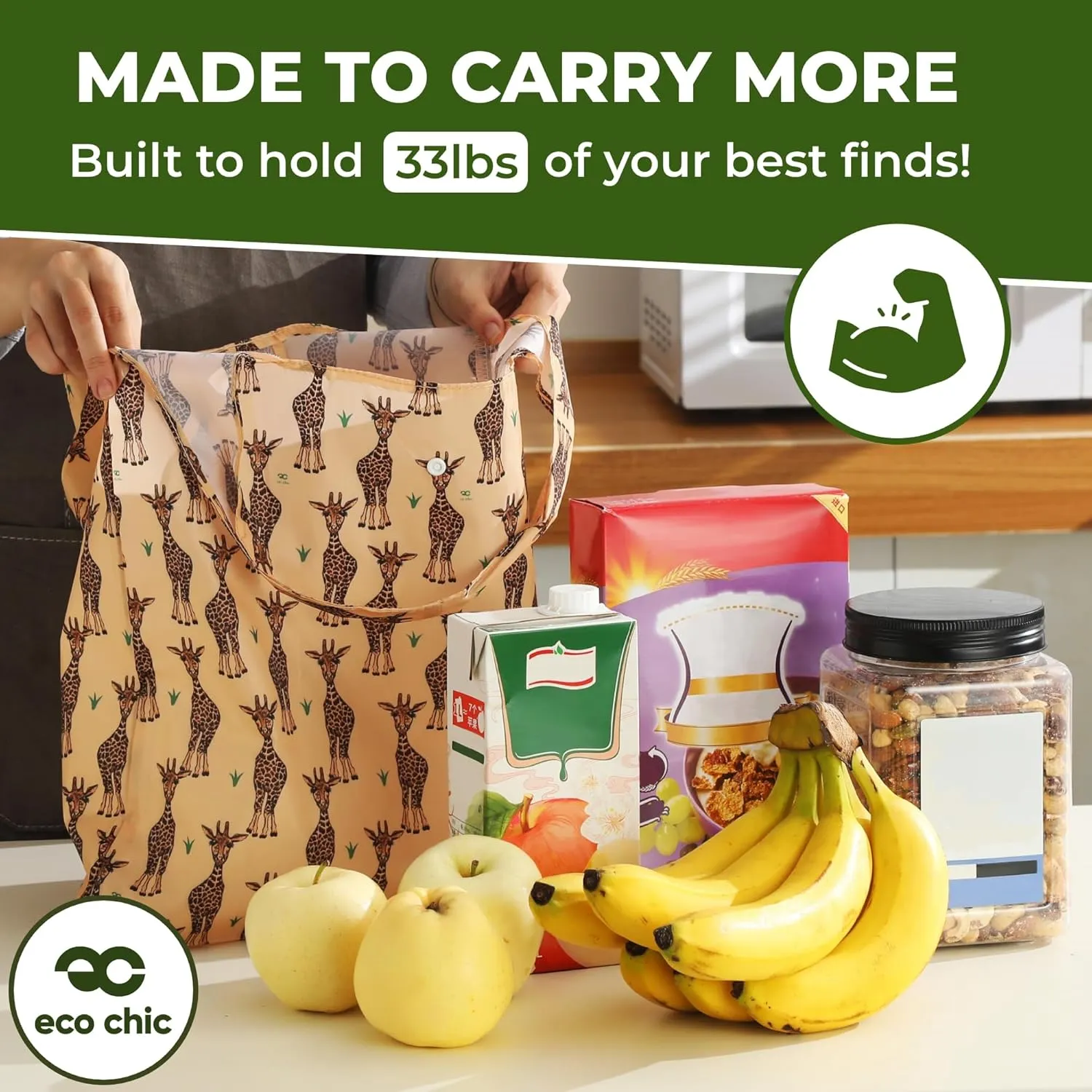 ECO CHIC Foldable Reusable Grocery Bags - Lightweight, Recycled & Reusable Shopping Bag - Waterproof Packable Tote