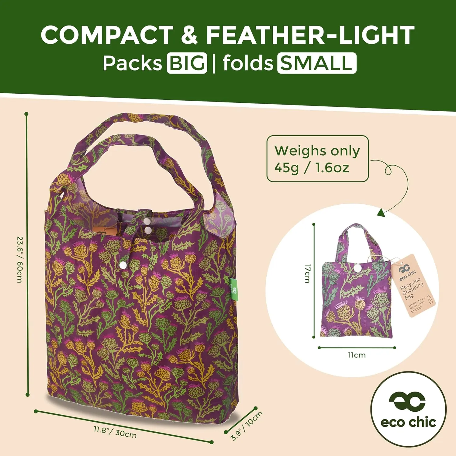 ECO CHIC Foldable Reusable Grocery Bags - Lightweight, Recycled & Reusable Shopping Bag - Waterproof Packable Tote