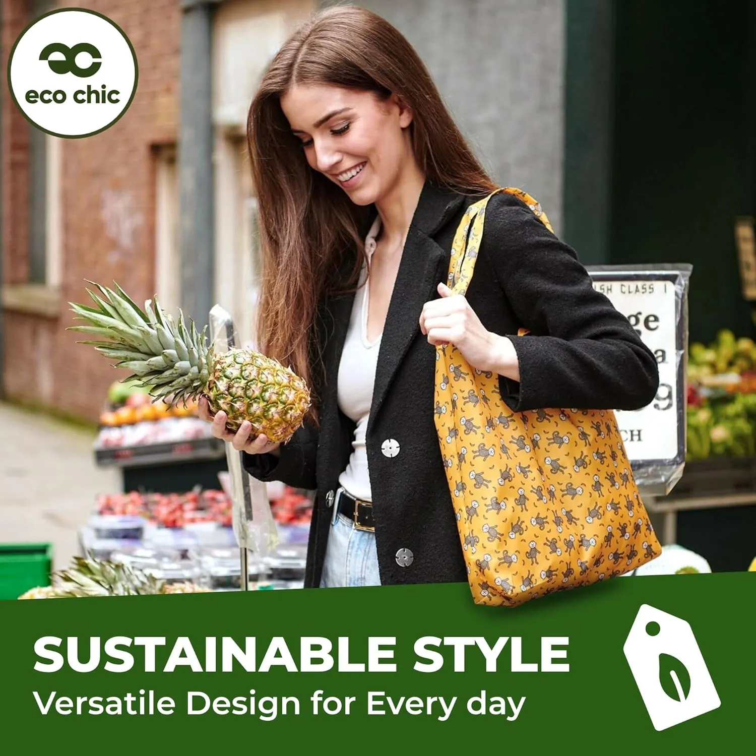 ECO CHIC Foldable Reusable Grocery Bags - Lightweight, Recycled & Reusable Shopping Bag - Waterproof Packable Tote