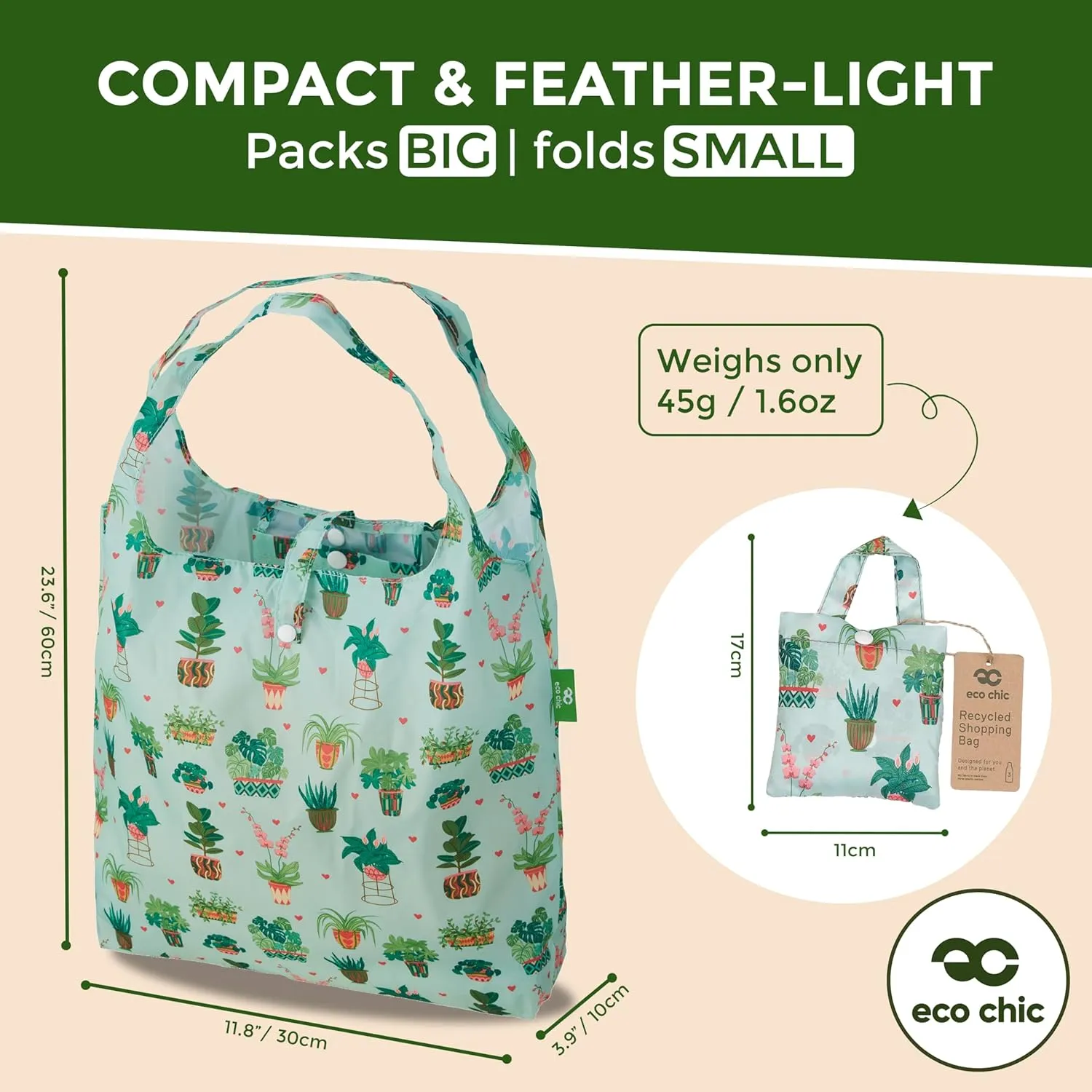 ECO CHIC Foldable Reusable Grocery Bags - Lightweight, Recycled & Reusable Shopping Bag - Waterproof Packable Tote
