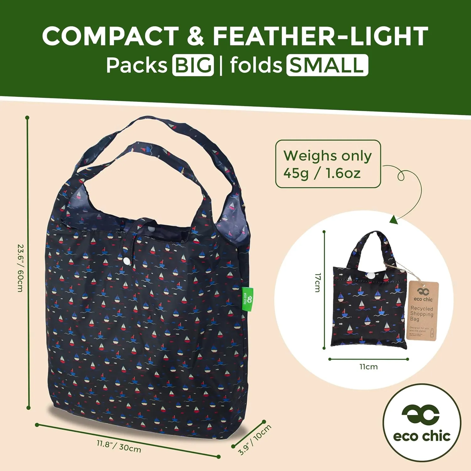 ECO CHIC Foldable Reusable Grocery Bags - Lightweight, Recycled & Reusable Shopping Bag - Waterproof Packable Tote