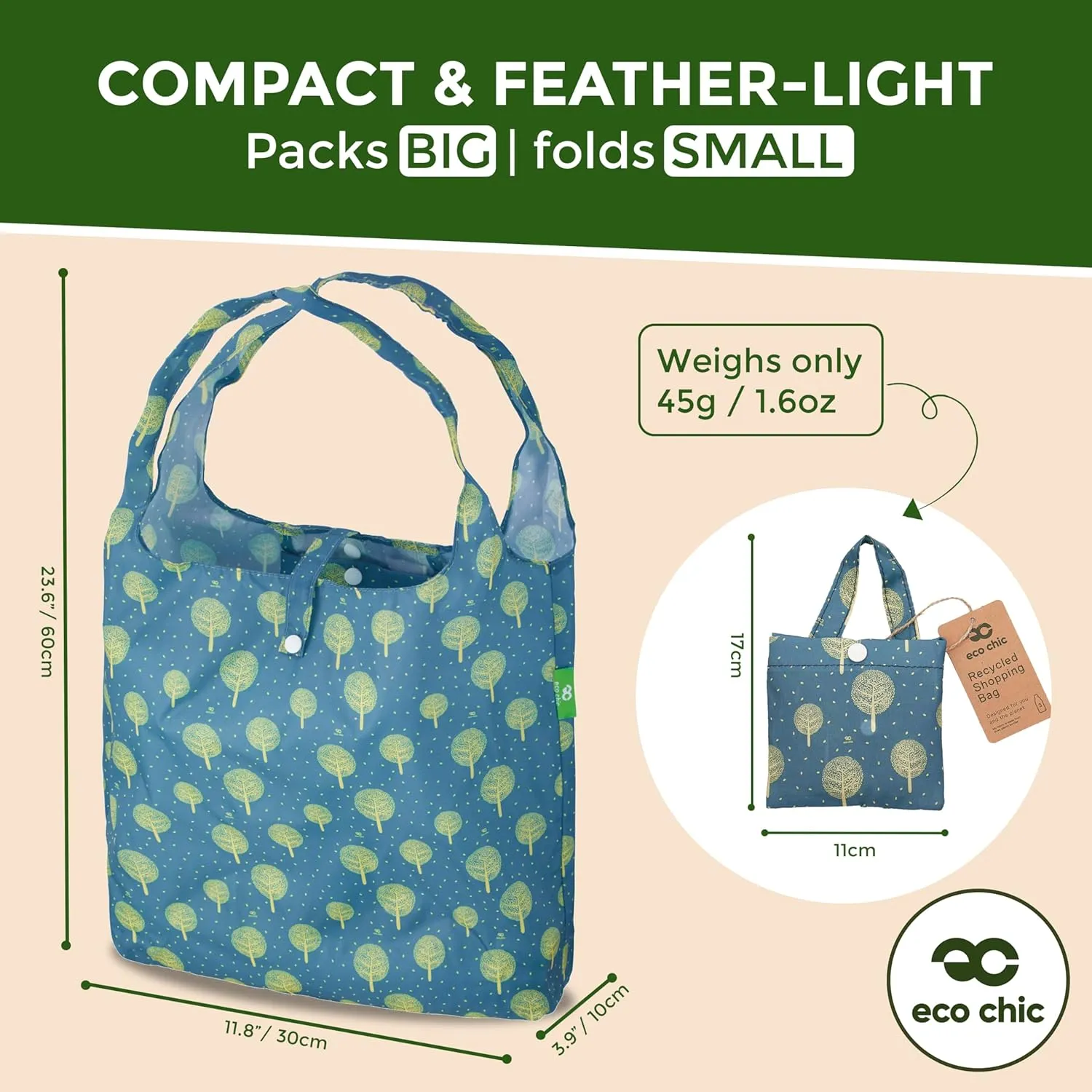 ECO CHIC Foldable Reusable Grocery Bags - Lightweight, Recycled & Reusable Shopping Bag - Waterproof Packable Tote
