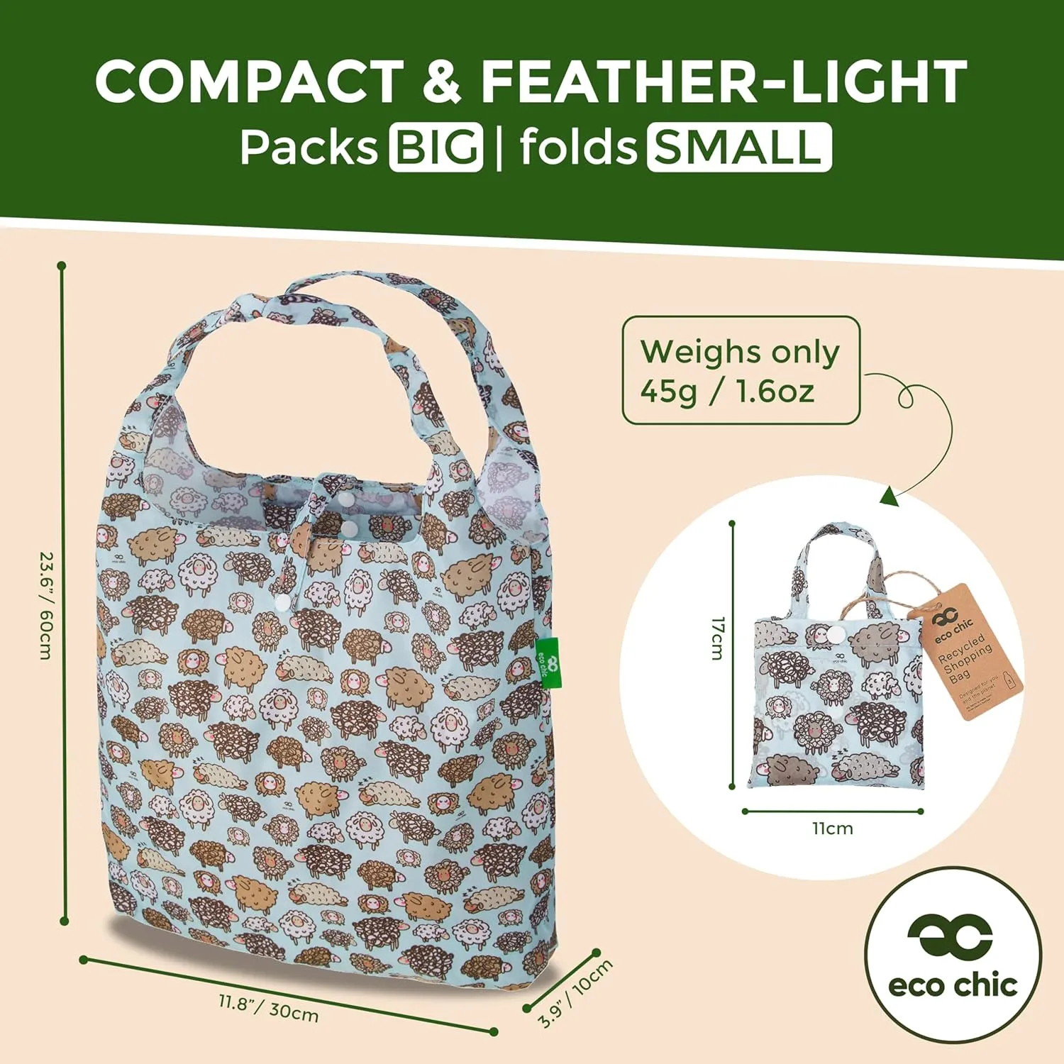 ECO CHIC Foldable Reusable Grocery Bags - Lightweight, Recycled & Reusable Shopping Bag - Waterproof Packable Tote