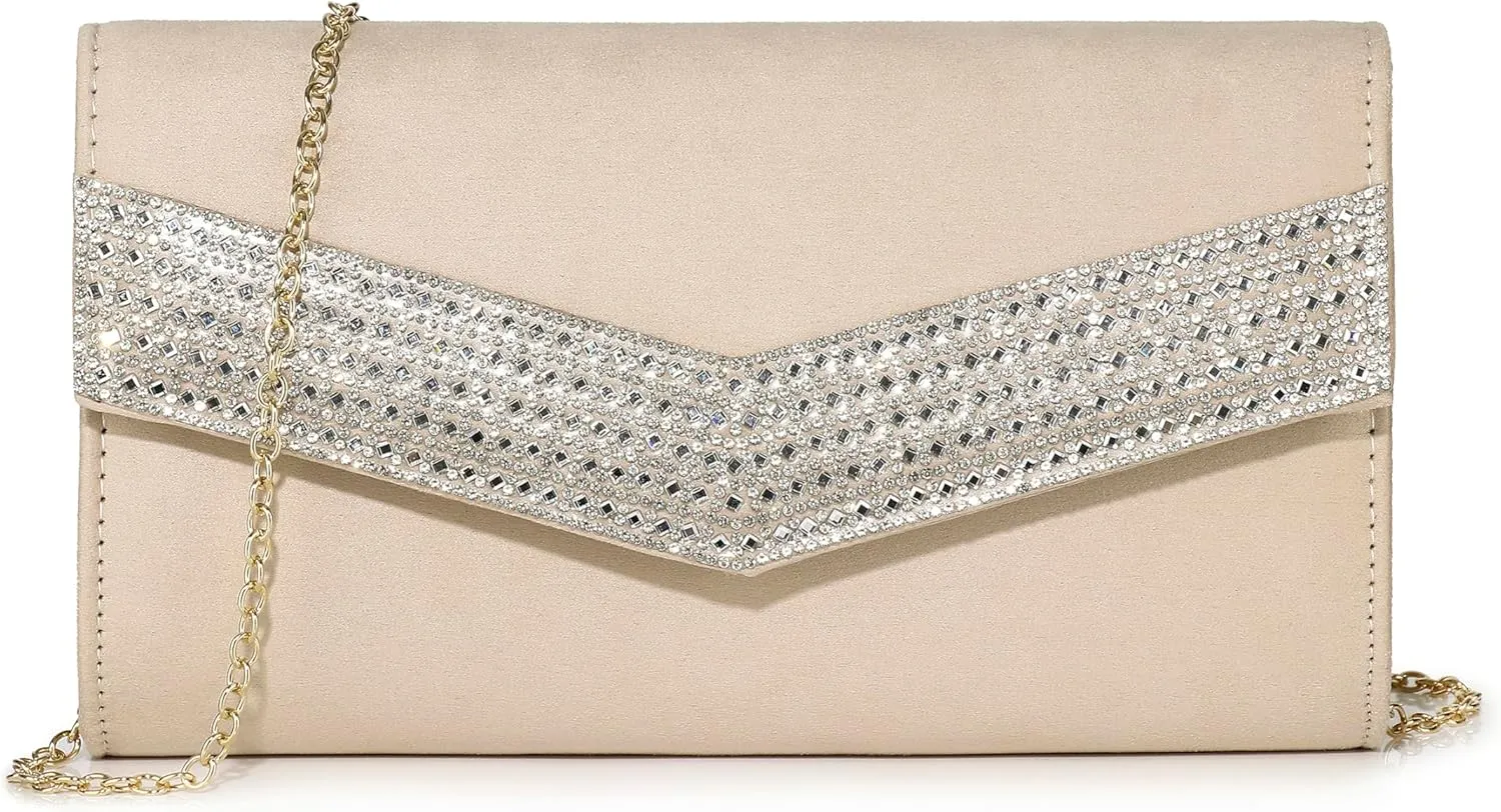 Evening Handbags for Women Rhinestone Clutch Purse for Wedding Party Prom Faux Suede Envelope Shoulder Bag