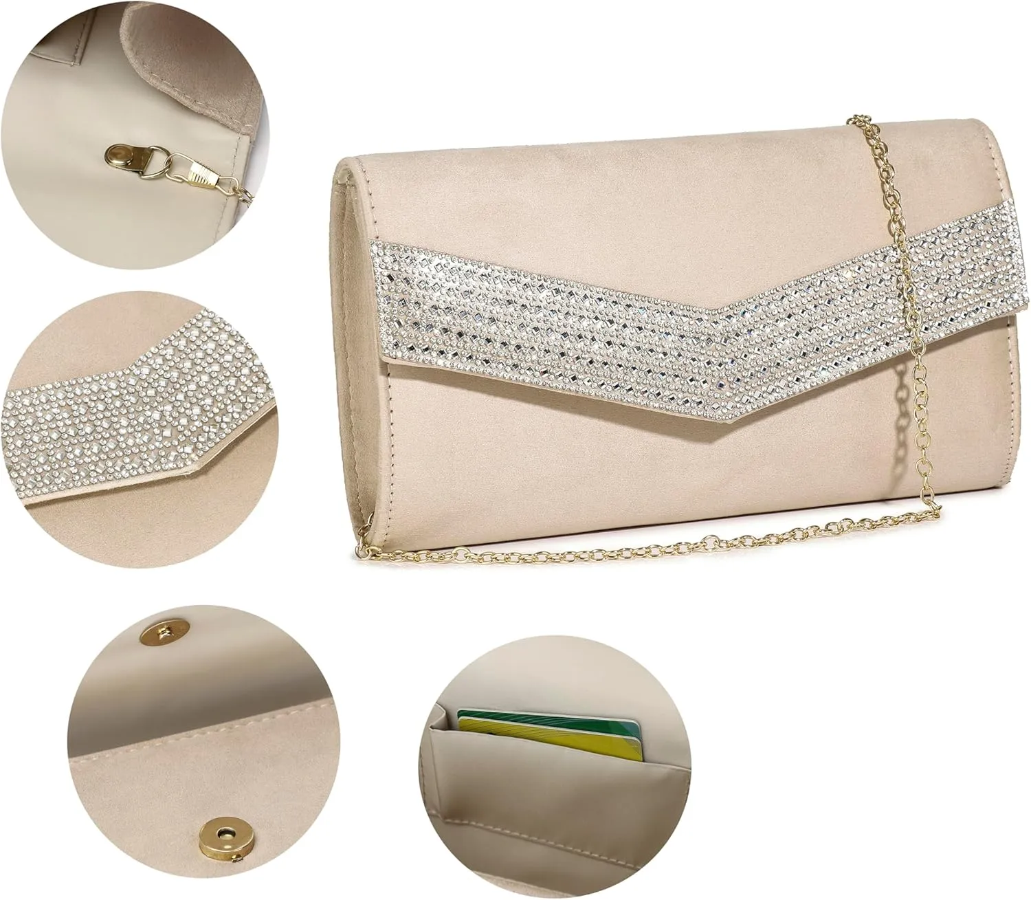 Evening Handbags for Women Rhinestone Clutch Purse for Wedding Party Prom Faux Suede Envelope Shoulder Bag