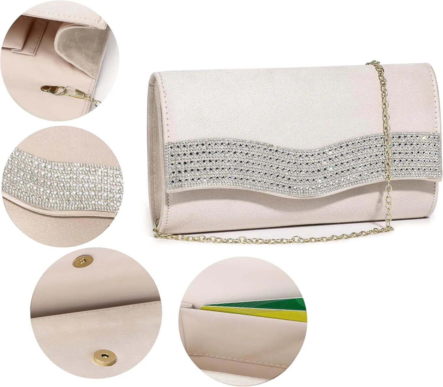 Evening Handbags for Women Rhinestone Clutch Purse for Wedding Party Prom Faux Suede Envelope Shoulder Bag