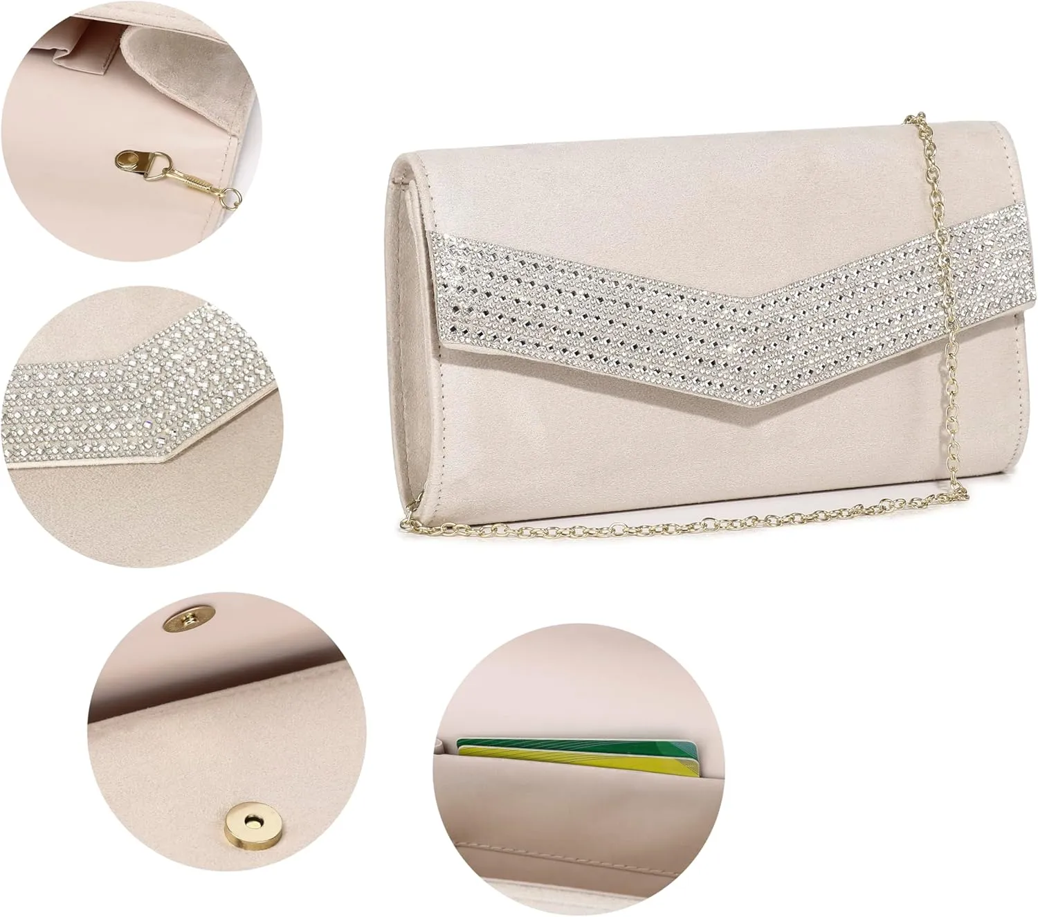 Evening Handbags for Women Rhinestone Clutch Purse for Wedding Party Prom Faux Suede Envelope Shoulder Bag