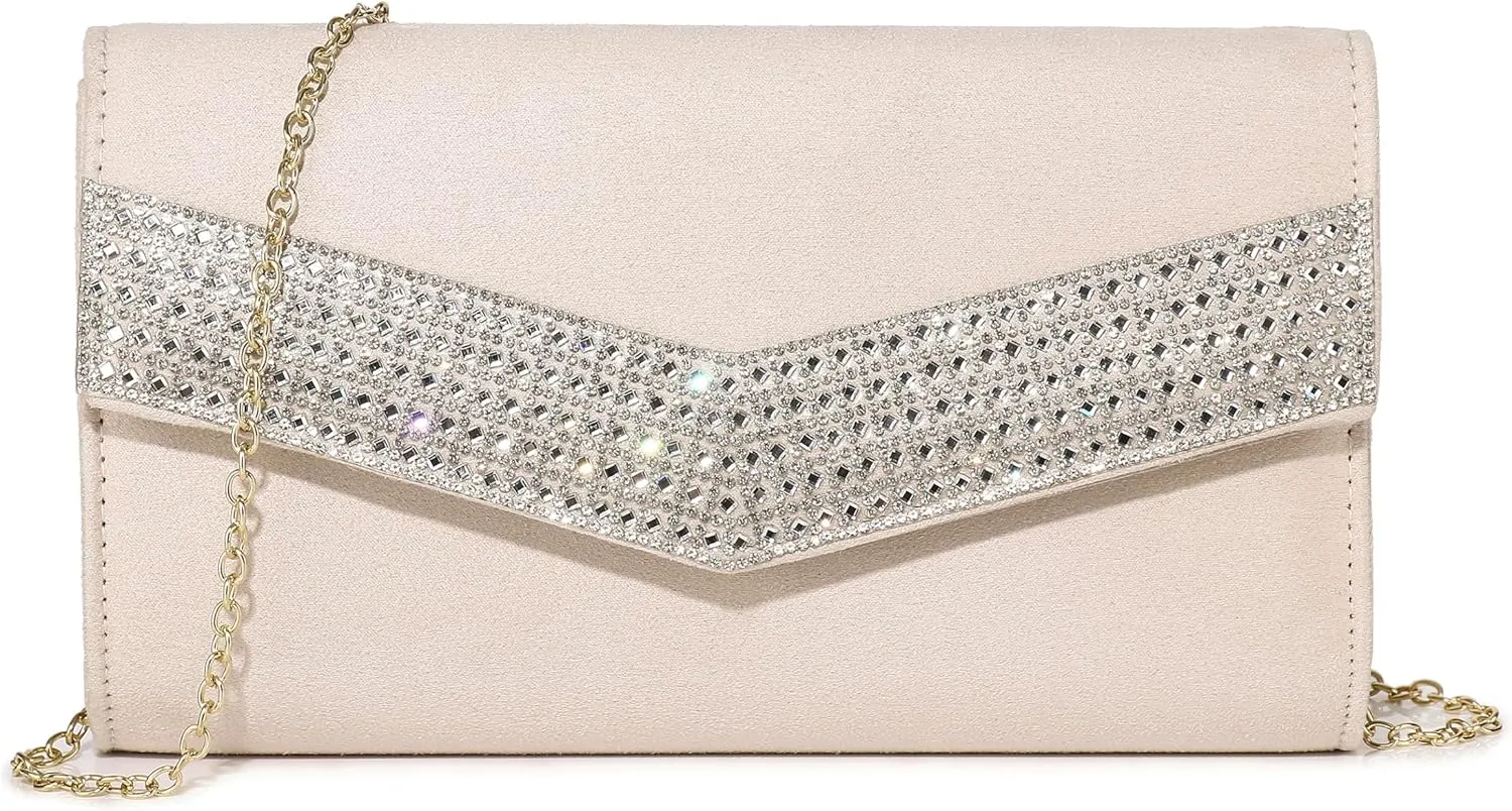 Evening Handbags for Women Rhinestone Clutch Purse for Wedding Party Prom Faux Suede Envelope Shoulder Bag