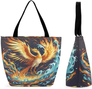 Fire And Water Phoenix Tote Bags Reusable Grocery Bags Shopping Zippered Tote for Office Graduation Travel