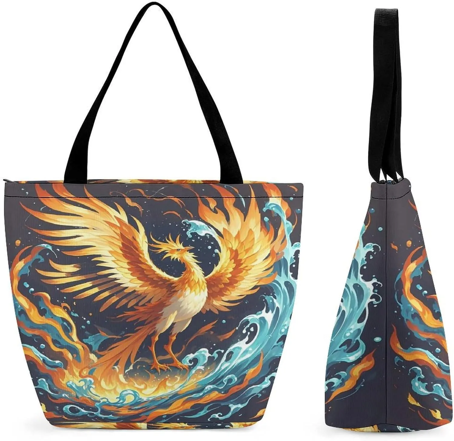 Fire And Water Phoenix Tote Bags Reusable Grocery Bags Shopping Zippered Tote for Office Graduation Travel