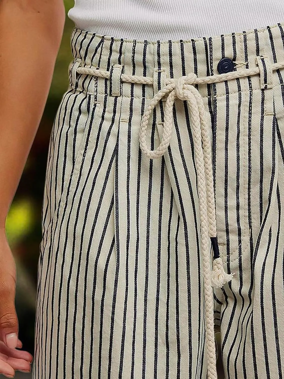 Flamingals Straight Leg Jeans for Women Trendy Mid Rise Striped Drawstring Pleated Casual Pants