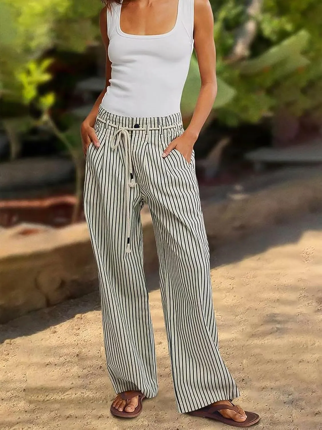 Flamingals Straight Leg Jeans for Women Trendy Mid Rise Striped Drawstring Pleated Casual Pants