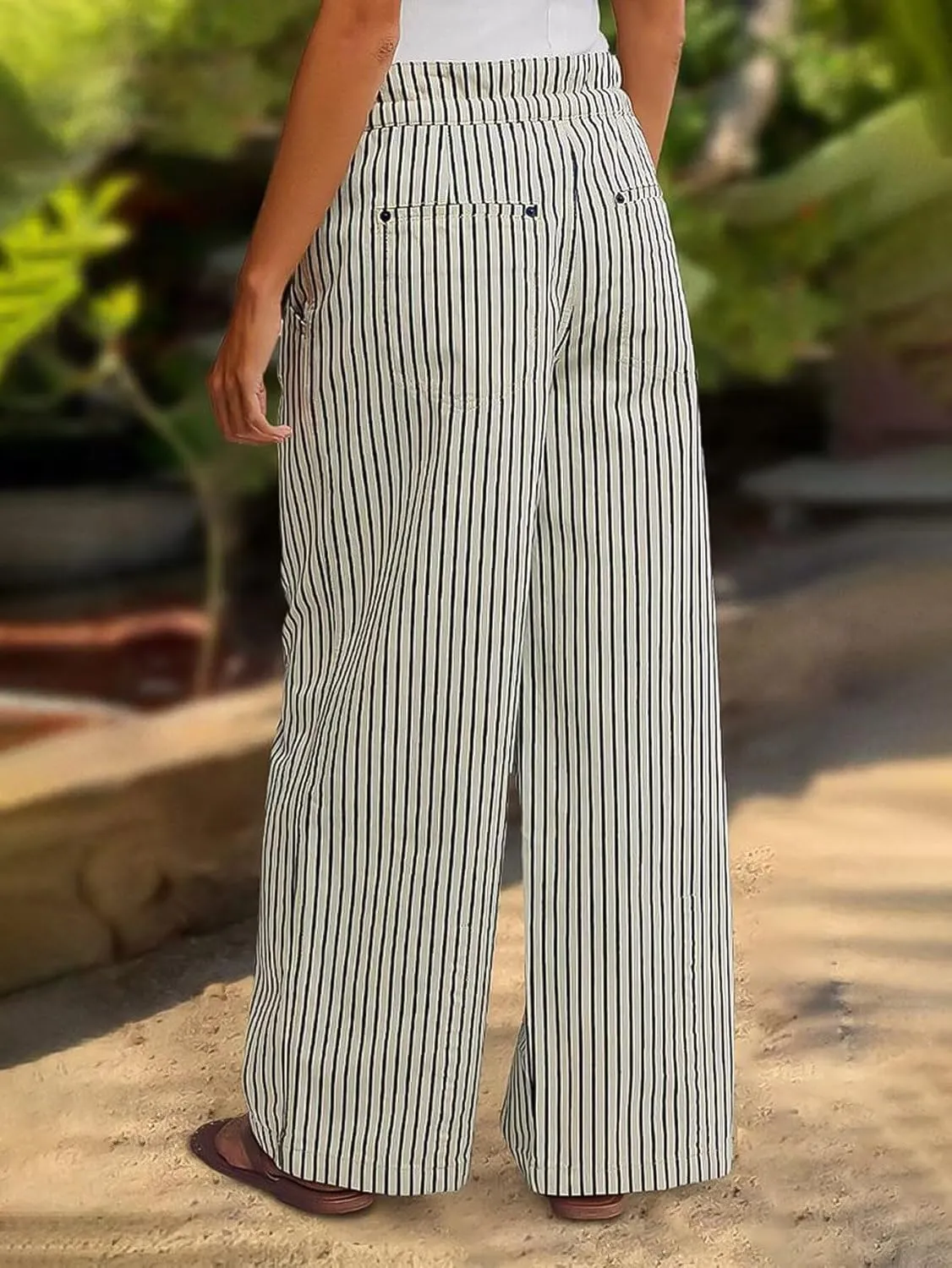 Flamingals Straight Leg Jeans for Women Trendy Mid Rise Striped Drawstring Pleated Casual Pants