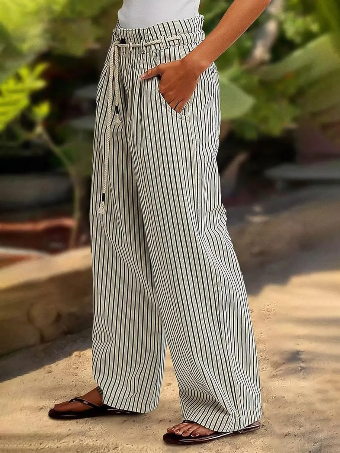 Flamingals Straight Leg Jeans for Women Trendy Mid Rise Striped Drawstring Pleated Casual Pants