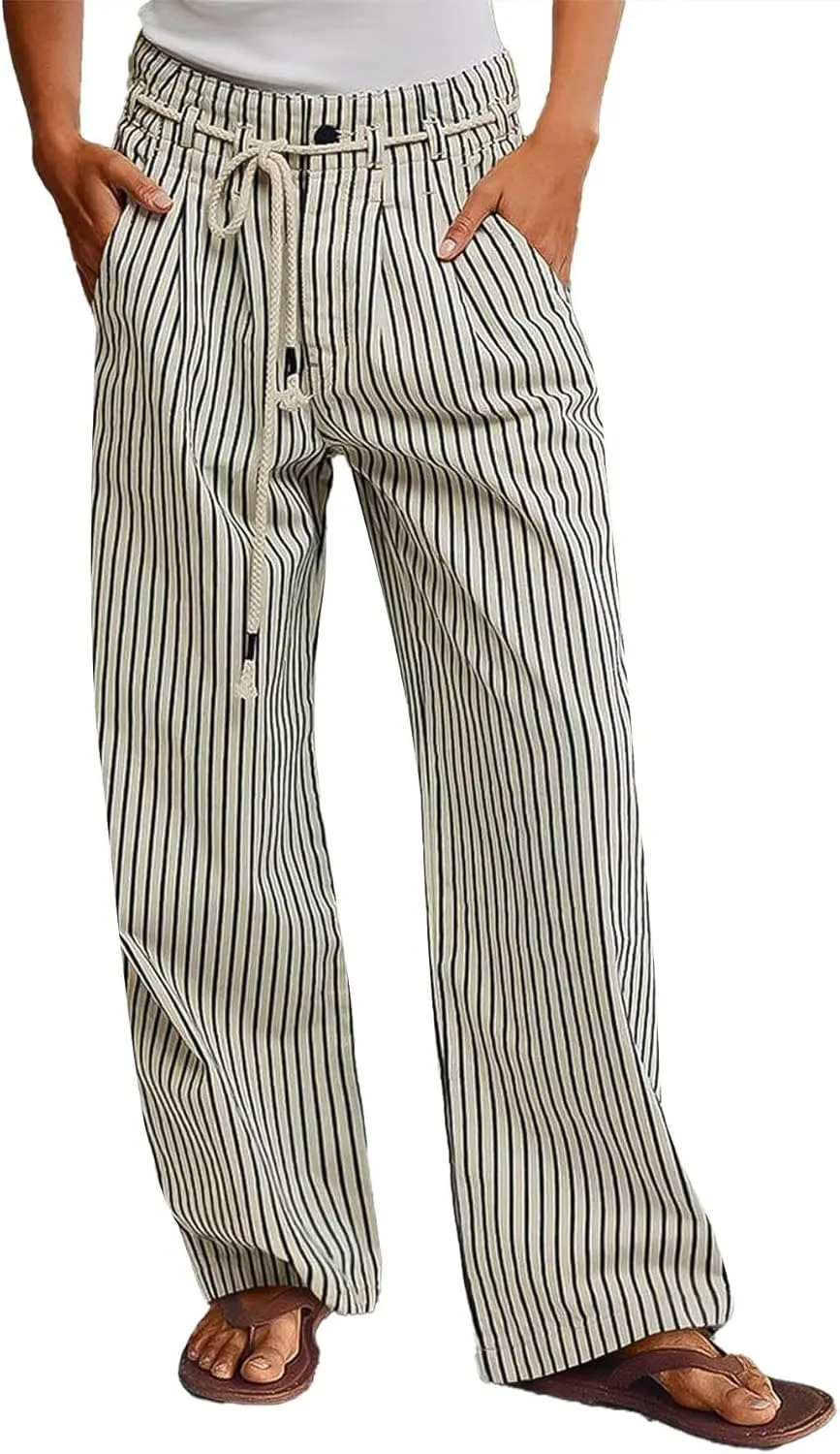 Flamingals Straight Leg Jeans for Women Trendy Mid Rise Striped Drawstring Pleated Casual Pants