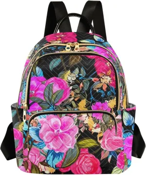 Flowers Gorgeous Lush Black Backpack Purse for Women Fashion Small Mini Daypack Purse for Lady Anti-theft Shoulder Bag for Lady Women, Medium
