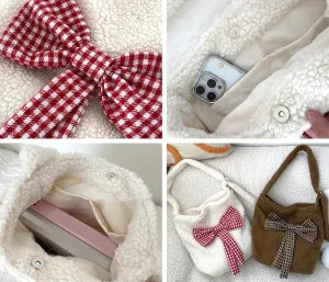 Fuzzy Bow-Tie Tote Bags for Women Slouchy Hobo Bags Crossbody Purses Satchel Bag Tote Handbag Travel Bag Fall Winter