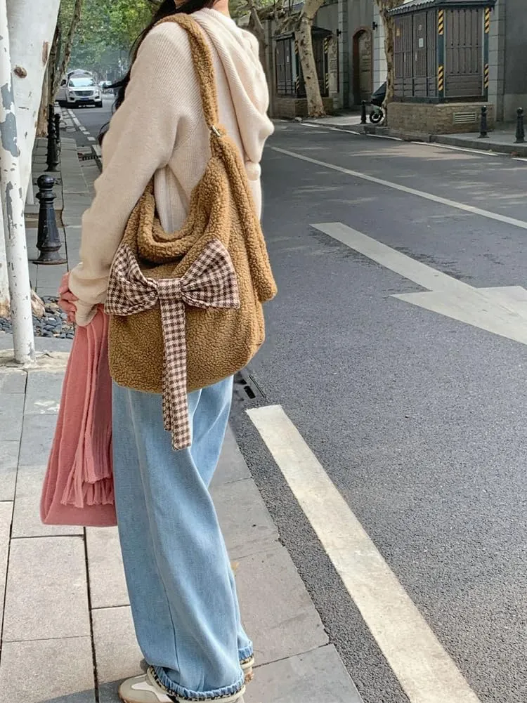 Fuzzy Bow-Tie Tote Bags for Women Slouchy Hobo Bags Crossbody Purses Satchel Bag Tote Handbag Travel Bag Fall Winter