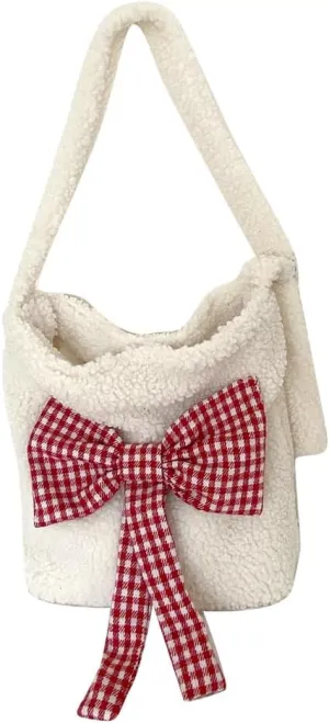 Fuzzy Bow-Tie Tote Bags for Women Slouchy Hobo Bags Crossbody Purses Satchel Bag Tote Handbag Travel Bag Fall Winter