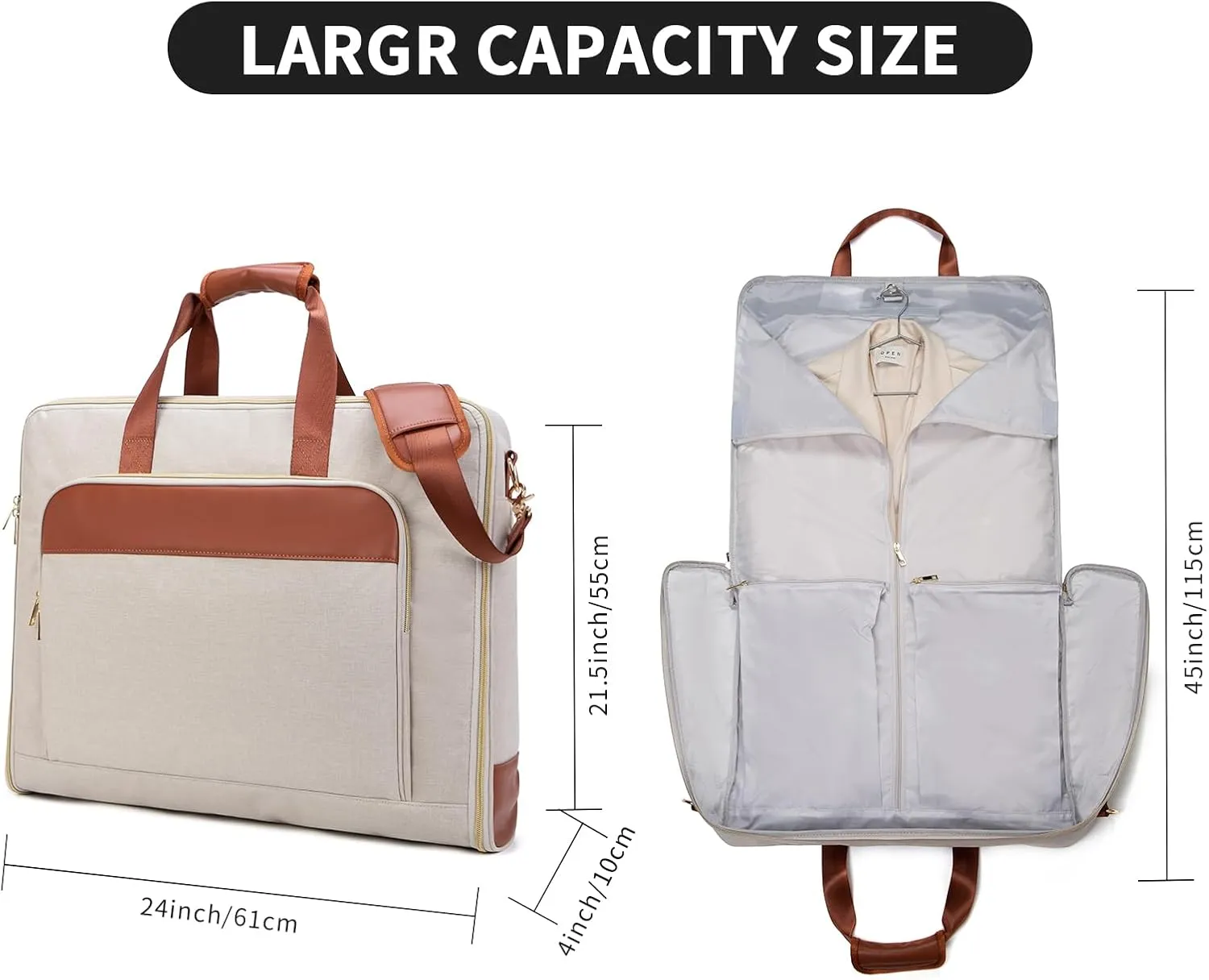 Garment Travel Bag for Women Carry on Garment Bag Up to 3 Suits for Business Trips,2 in 1 Hanging Suitcase Luggage Bags for Travel,Foldable Suit Bag 15.6Inch Laptop Beige