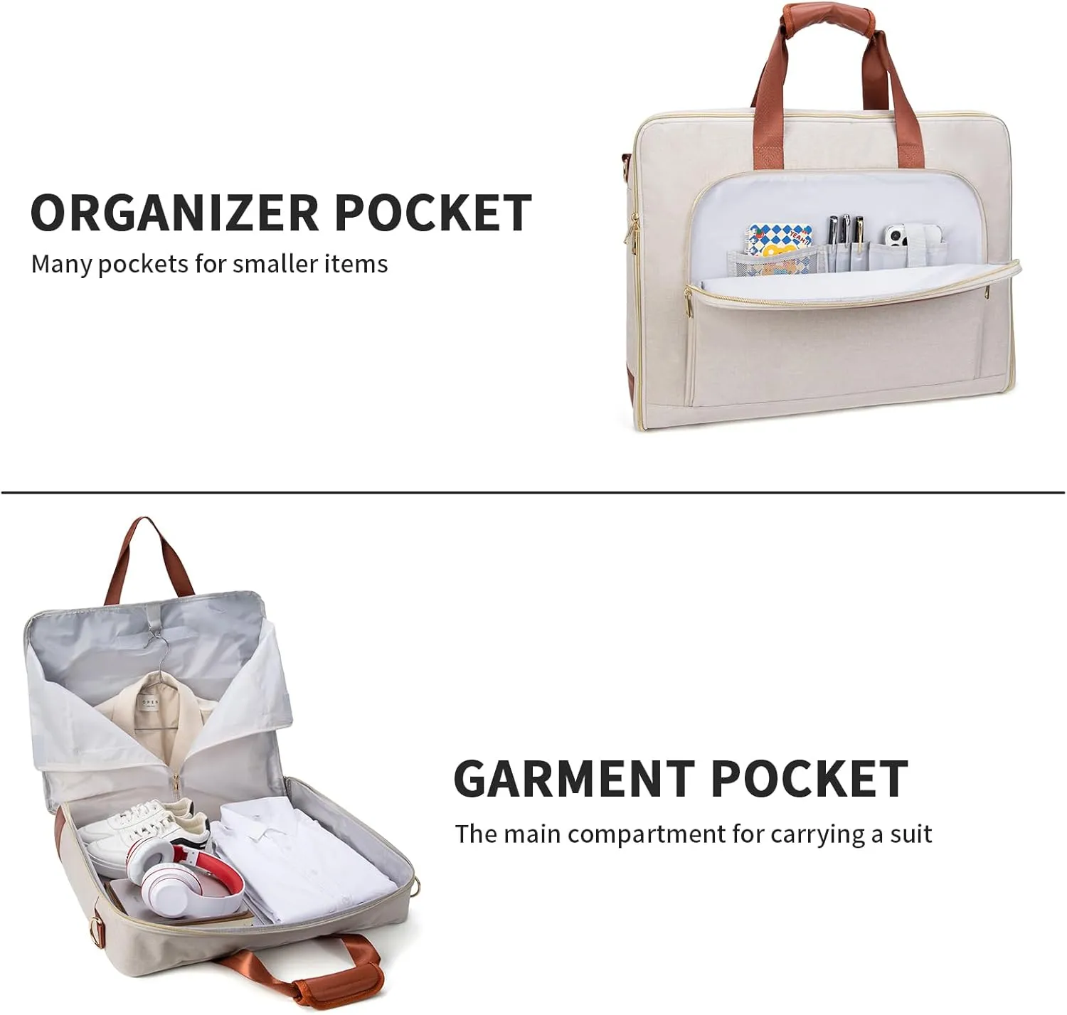 Garment Travel Bag for Women Carry on Garment Bag Up to 3 Suits for Business Trips,2 in 1 Hanging Suitcase Luggage Bags for Travel,Foldable Suit Bag 15.6Inch Laptop Beige