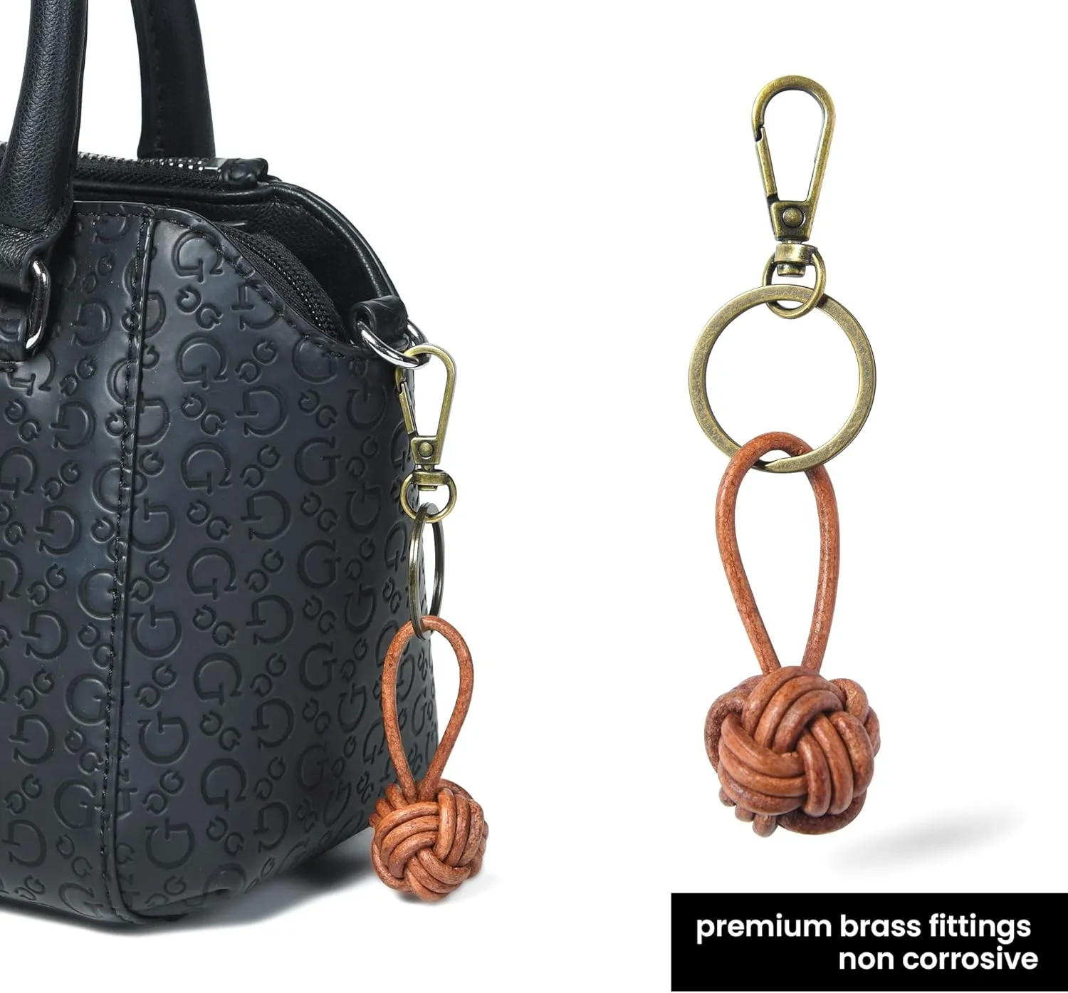 GENIQUE Leather Bag Charm Keychain with 3 Strands, Antique Distressed Colors,