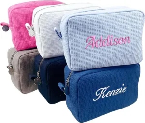 GOPHIE Personalized Embroidered Waffle Makeup Bag - Large Custom Cosmetic Bag