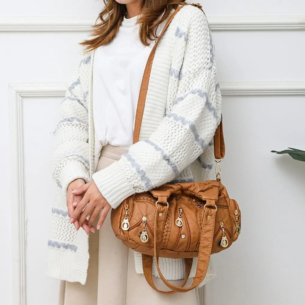 Handbags for Women Washed Faux Leather Crossbody Bag Hobo Shoulder Bag Stylish Satchel Purse with Crossbody Strap