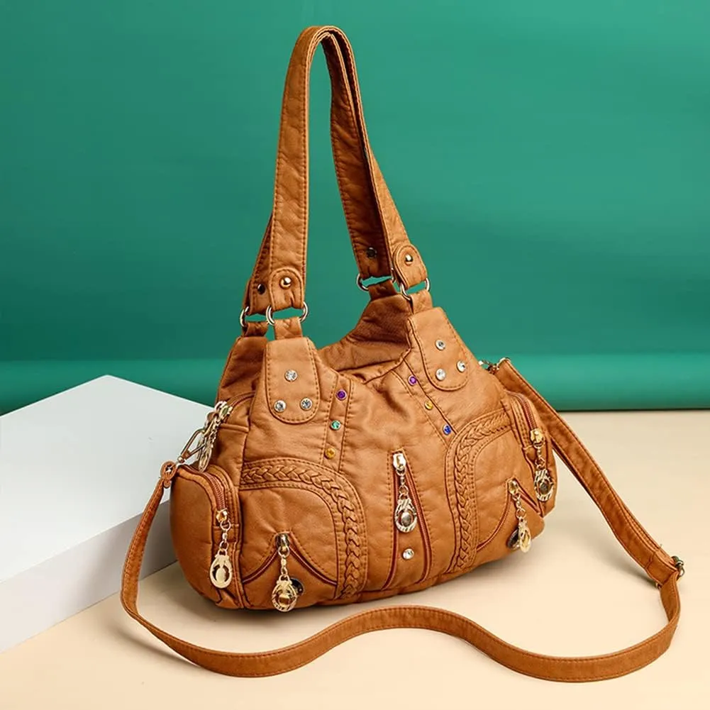 Handbags for Women Washed Faux Leather Crossbody Bag Hobo Shoulder Bag Stylish Satchel Purse with Crossbody Strap