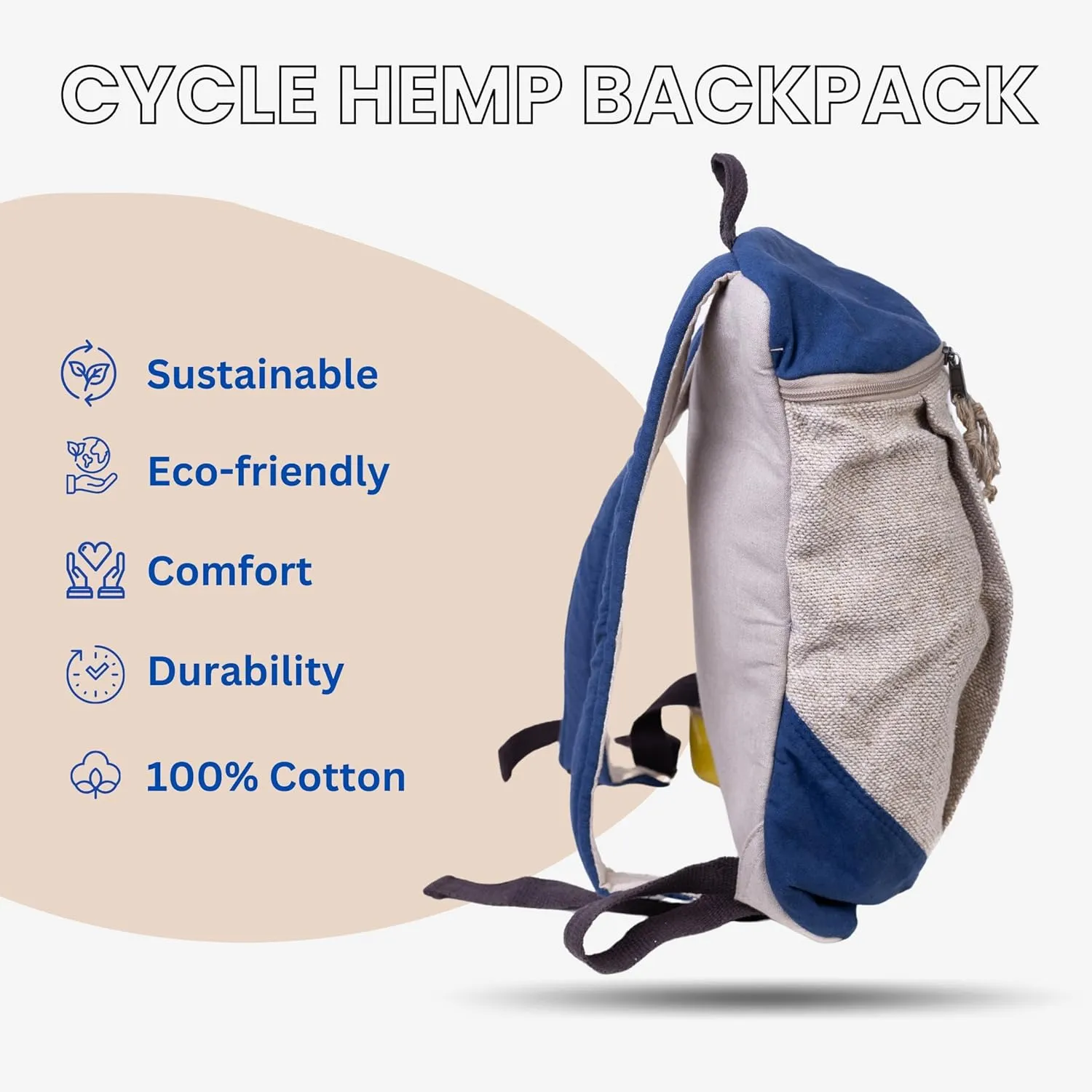 Handcrafted Hemp Backpack, Blue  Spacious & Durable Backpack with Cotton Lining, Ideal for Everyday Use, Travel, and Work