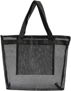 Healifty Mesh Beach Bag Zipper Large Tote Reusable Shopping Bag for Fruit Vegetable Snacks Beach Grocery Lightweight Expandable Black