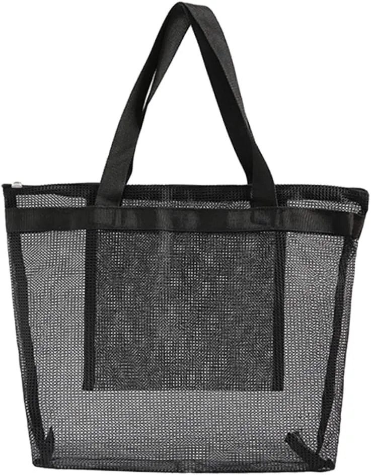 Healifty Mesh Beach Bag Zipper Large Tote Reusable Shopping Bag for Fruit Vegetable Snacks Beach Grocery Lightweight Expandable Black