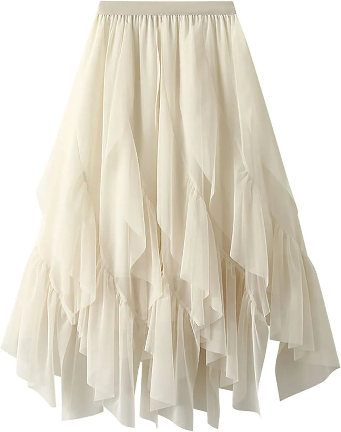 HGps8w Women Mesh Midi Skirt Multilayer Irregular Ruffled High Waist Lace Ballet Prom Party Tulle Tutu A-line Skirts