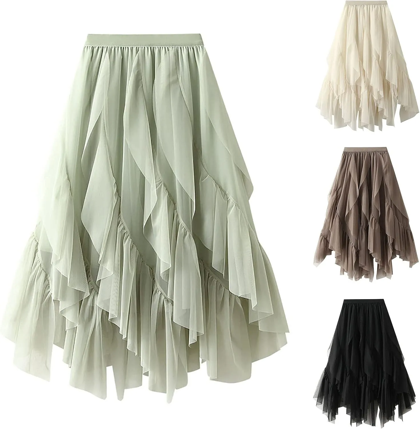 HGps8w Women Mesh Midi Skirt Multilayer Irregular Ruffled High Waist Lace Ballet Prom Party Tulle Tutu A-line Skirts