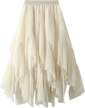 HGps8w Women Mesh Midi Skirt Multilayer Irregular Ruffled High Waist Lace Ballet Prom Party Tulle Tutu A-line Skirts
