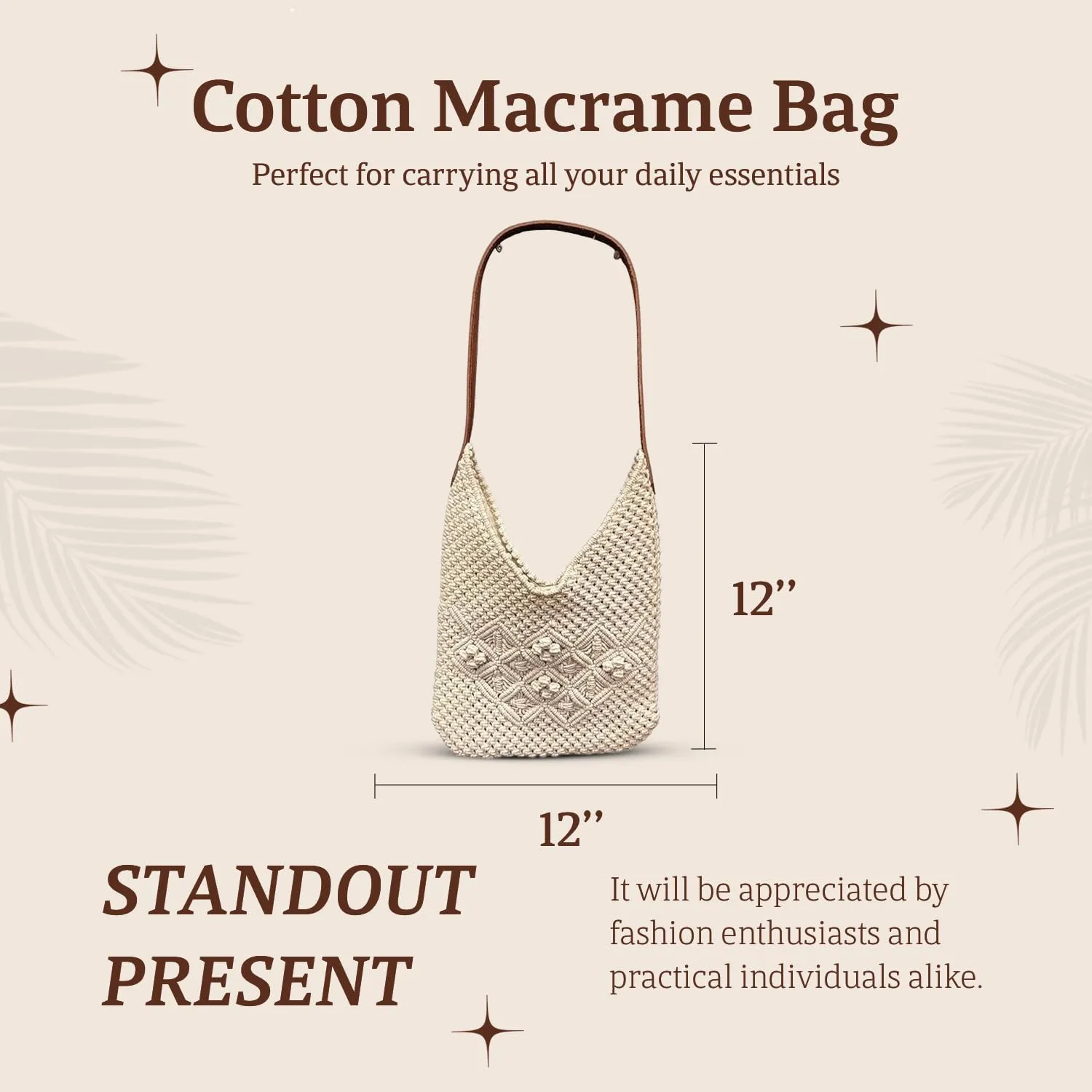 HHH Designs Stylish Women's Leather Handle Handbags-Crochet Cotton Macrame-Lightweight Mesh Net Tote Bags with Leather Strap